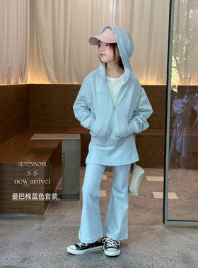 亲子/女大童韩系洋气运动套装秋装儿童连帽外套假两件喇叭长裤子