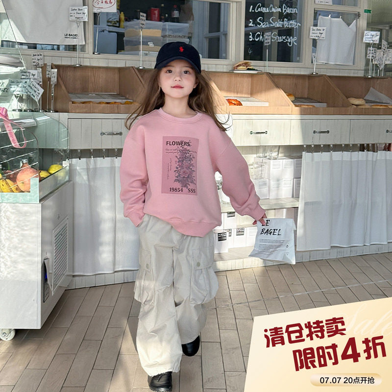柒号童仓女童韩版圆领印花休闲卫衣春装新款儿童宽松卡通上衣潮图片