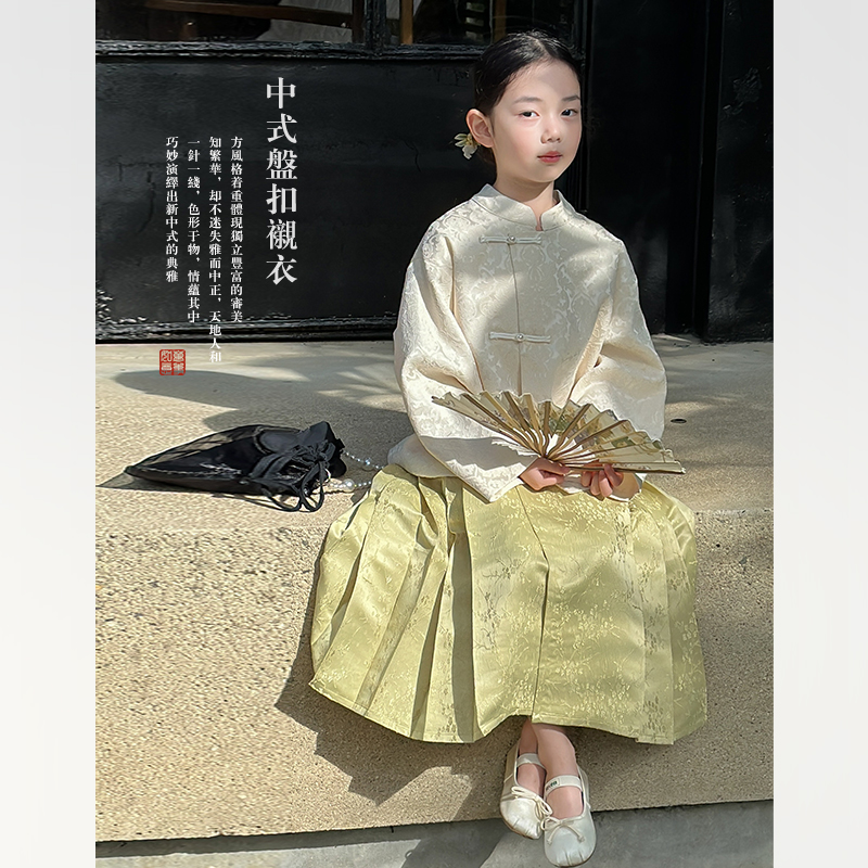 柒号童仓女童复古新中式衬衫外套春装新款儿童国风盘扣立领上衣潮