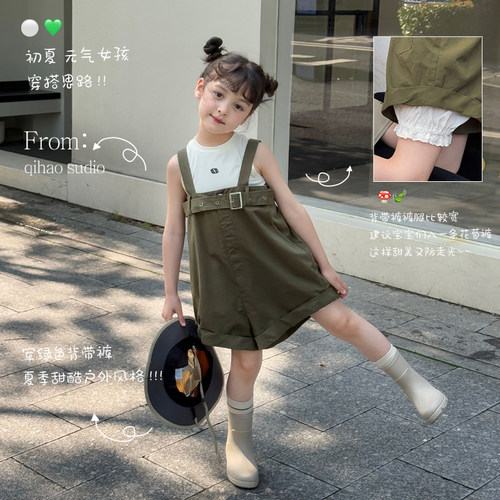柒号童仓女大童韩版时髦休闲背带裤夏装新款女童宽松连体短裤潮