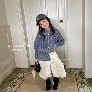 秋冬新款 格子衬衫 柒号童仓女大童韩版 儿童简约翻领上衣潮 亲子