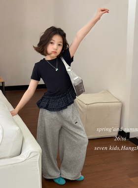 柒号童仓女大童韩版格子拼接花边短袖T恤春夏新款修身正肩芭蕾风