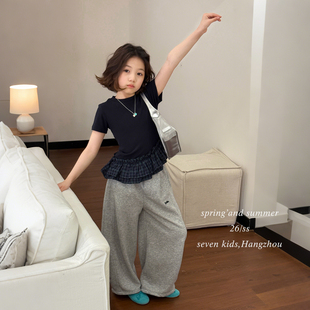 修身 T恤春夏新款 正肩芭蕾风 格子拼接花边短袖 柒号童仓女大童韩版