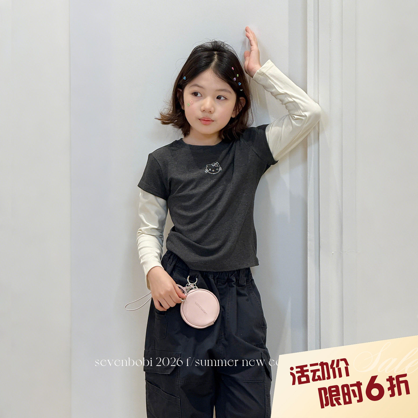 【亲子】柒号童仓女大童韩版假两件撞色T恤春夏新款儿童打底衫潮图片