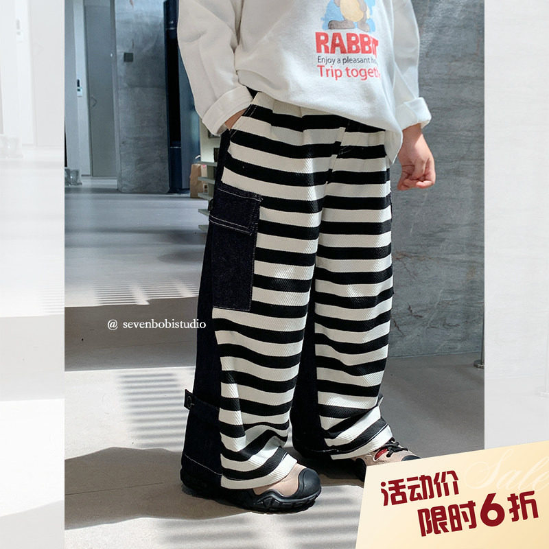 柒号童仓女童韩版设计感条纹休闲裤秋装新款儿童高腰拼接直筒裤潮图片