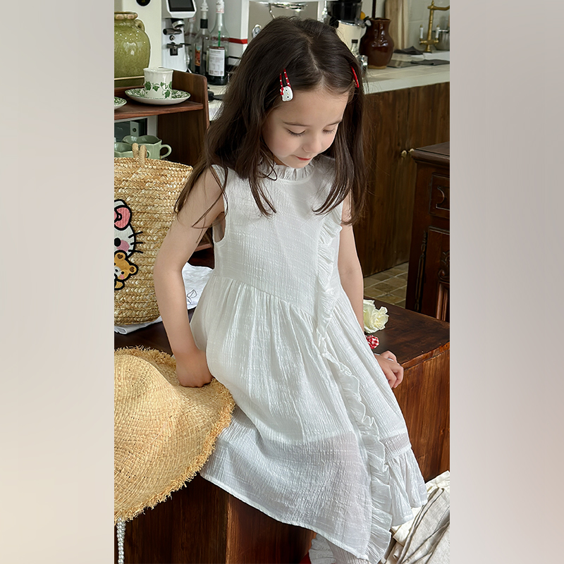 柒号童仓女童韩版简约无袖背心裙夏装新款木耳边圆领休闲白裙潮