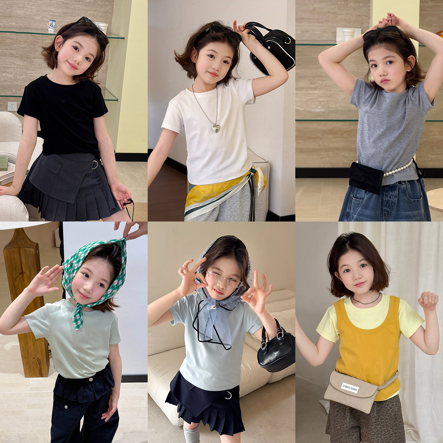 【亲子】柒号童仓女大童韩版正肩短袖T恤春夏新款简约纯色上衣潮