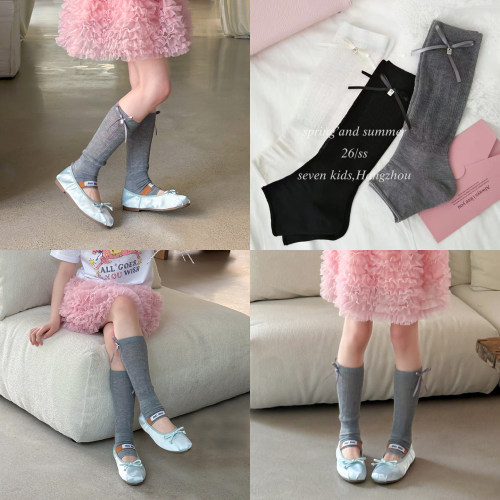柒号童仓女童春夏款纯色袜套儿童踩脚袜子薄款蝴蝶结堆堆袜