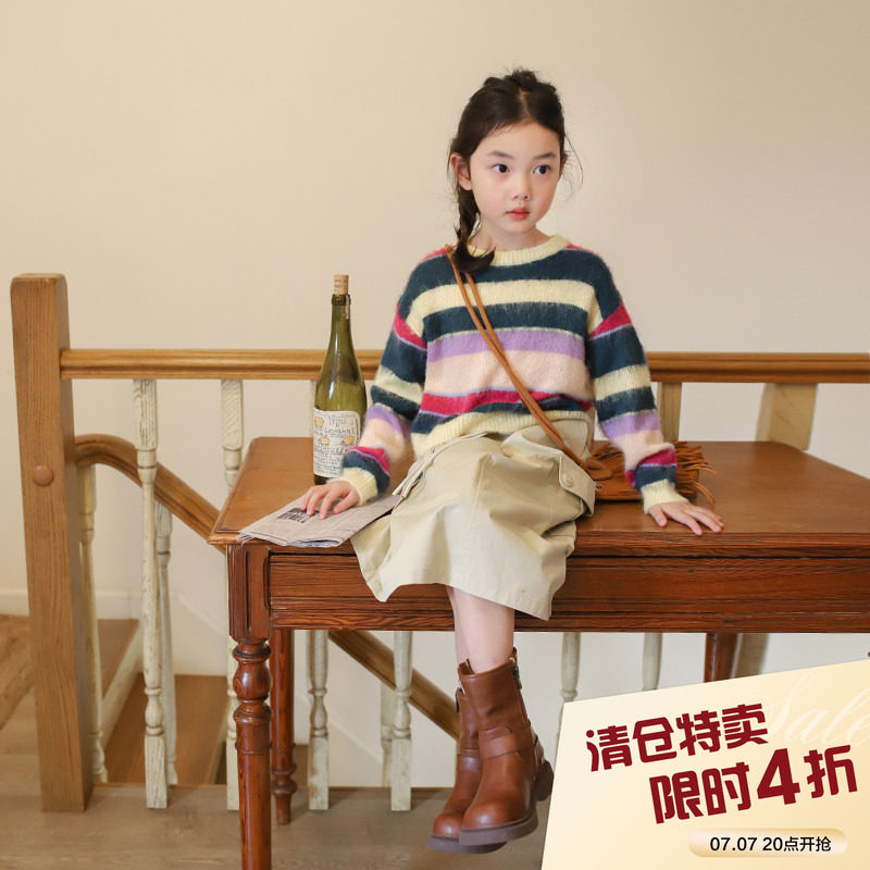 柒号童仓中大童韩版洋气条纹毛衣春秋装新款女童圆领软糯针织上衣