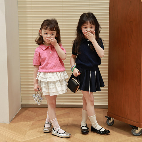 柒号童仓女童韩版短袖针织衫夏装新款儿童纯色坑条polo衫休闲上衣