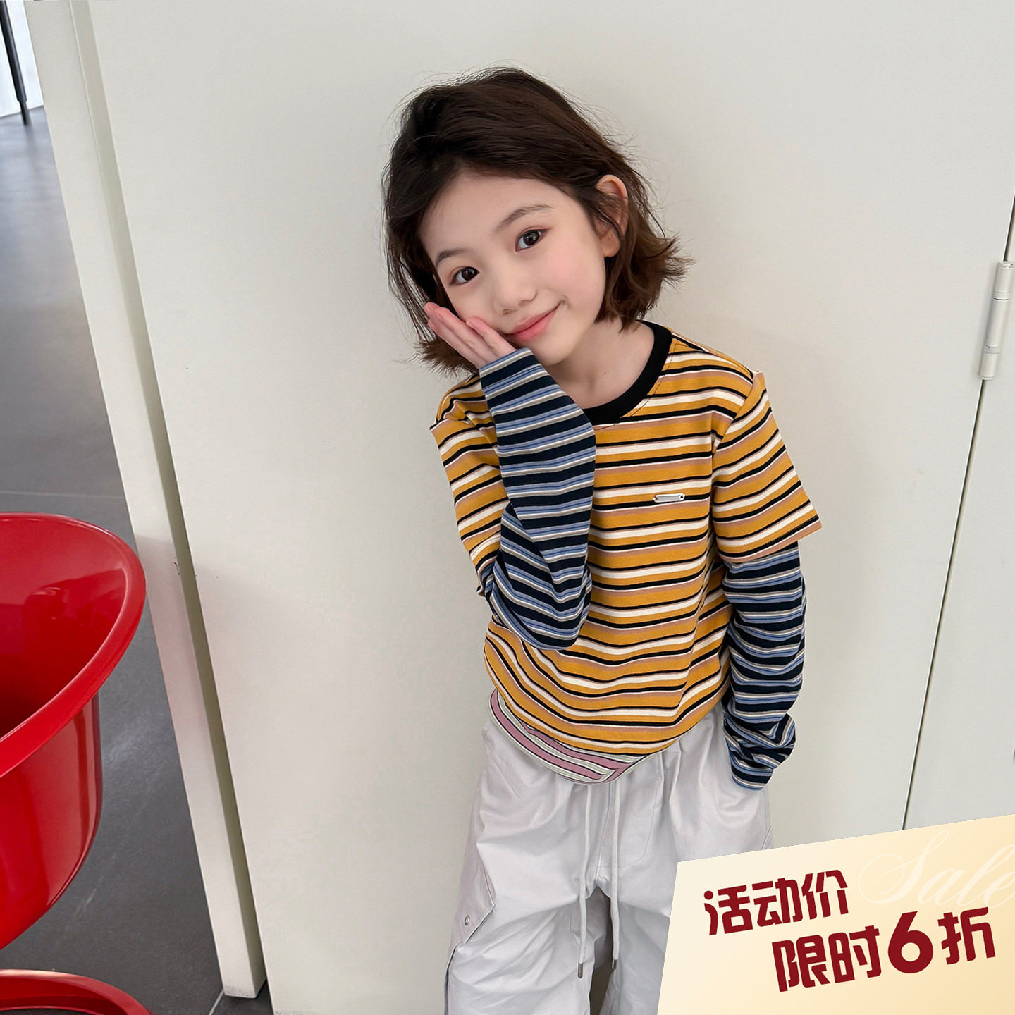 【亲子】柒号童仓女大童韩版撞色假两件T恤春装新款休闲条纹上衣