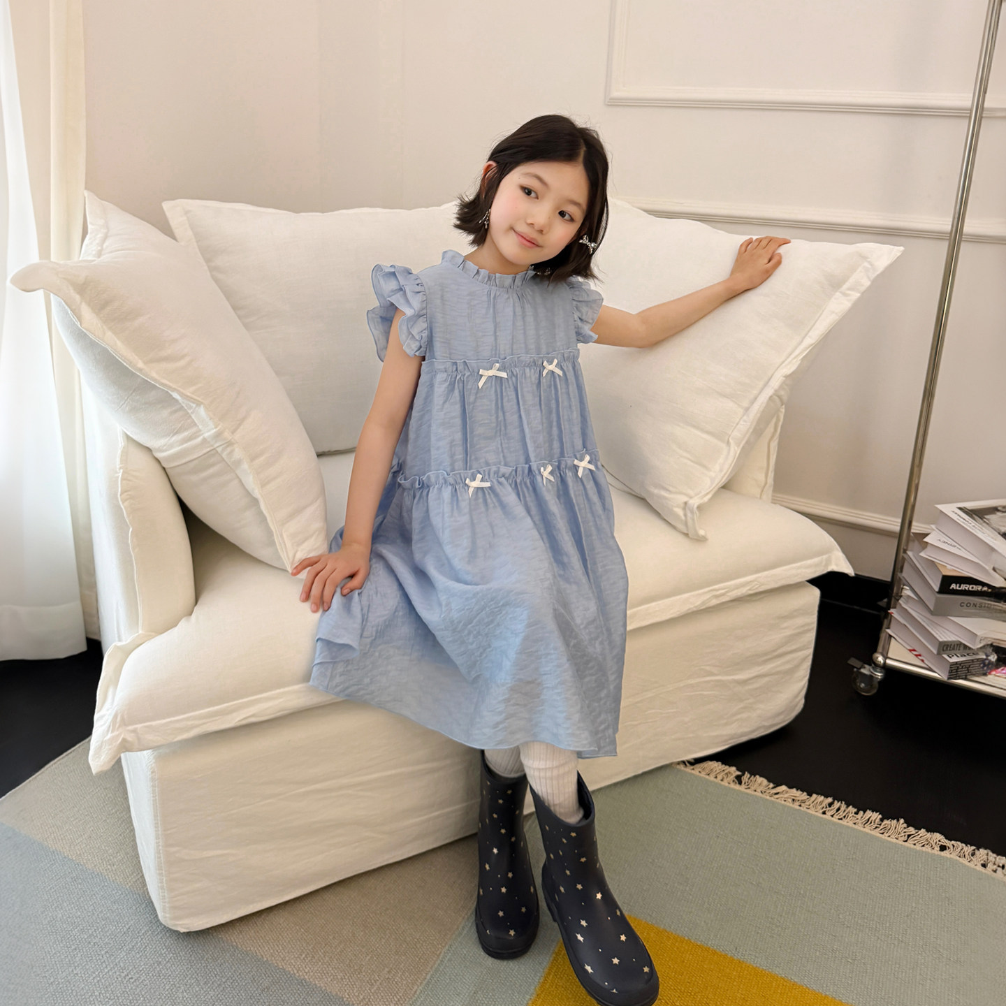柒号童仓女大童洋气小飞袖蝴蝶结公主裙夏装新款儿童甜美连衣裙子