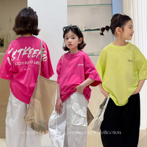 柒号童仓女大童美式个性字母印花短袖T恤夏装新款儿童宽松上衣潮