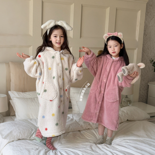 儿童保暖长袖 柒号童仓女童连帽家居服睡袍冬新款 睡裙外套 亲子