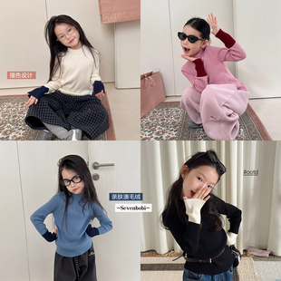 潮 儿童拼色百搭针织衫 柒号童仓女大童半高领休闲打底毛衣冬装 新款
