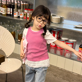 亲子 柒号童仓女大童韩版 蕾丝拼接T恤夏装 新款 儿童做旧粉背心