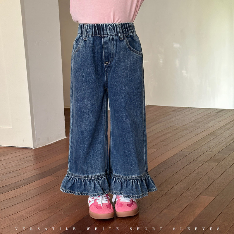 柒号童仓女童韩版木耳边牛仔裤秋装新款洋气儿童休闲宽松直筒裤潮