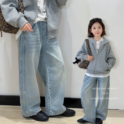 【亲子】柒号童仓女大童浅蓝牛仔裤春装新儿童软牛仔长裤休闲裤