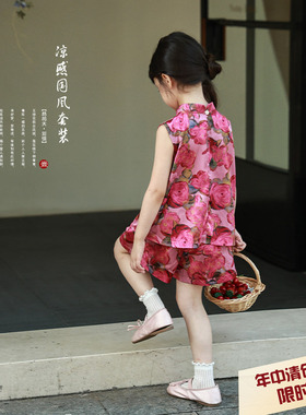 柒号童仓女大童满印玫瑰花盘扣背心套装夏装新款新中式文艺短裙潮