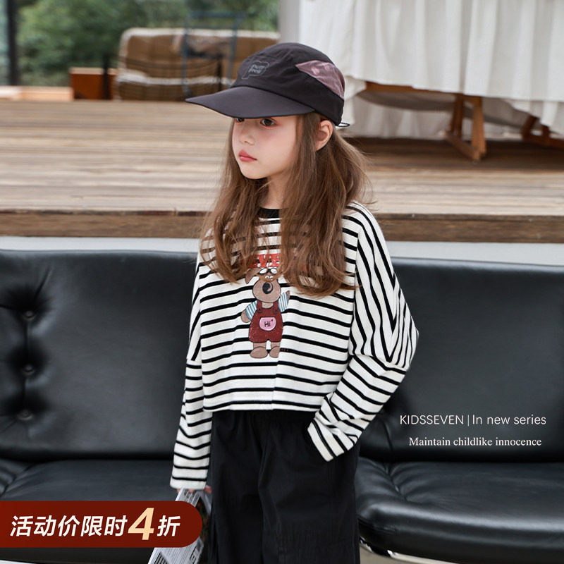 柒号童仓女童韩版时髦条纹长袖T恤春装新款卡通宽松短款上衣潮										