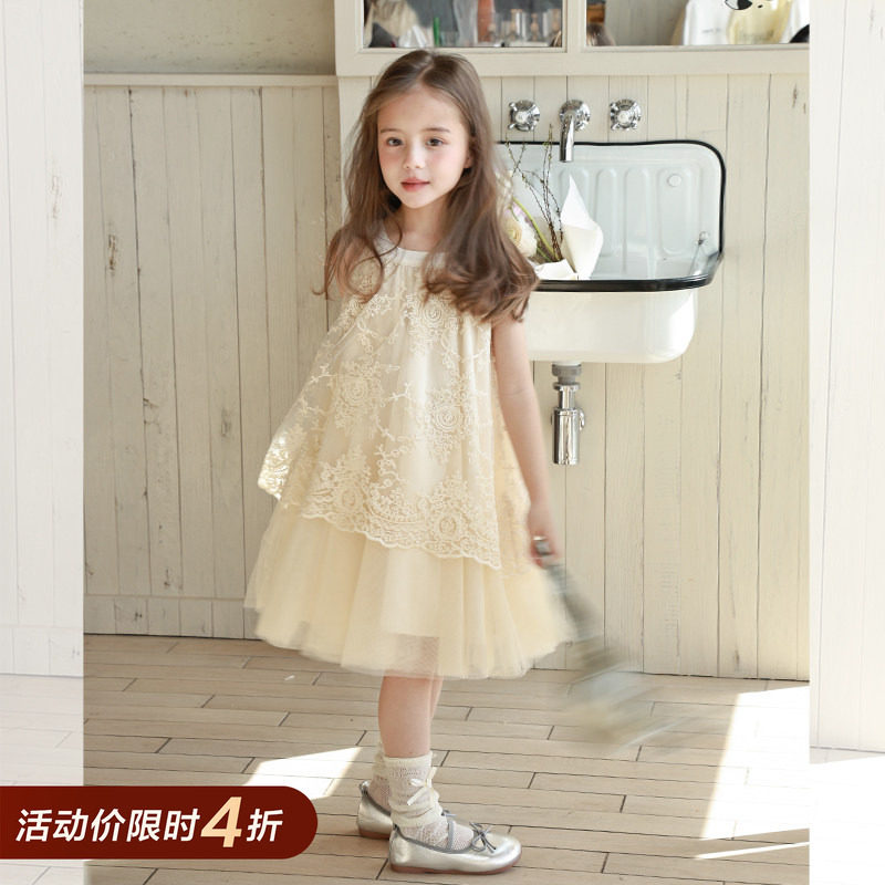 柒号童仓女童韩版高级感蕾丝连衣裙春装新款圆领拼接公主背心裙潮										
