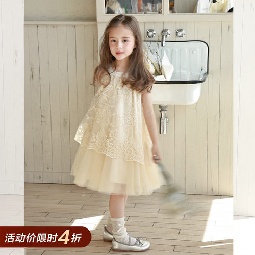 柒号童仓女童韩版高级感蕾丝连衣裙春装新款圆领拼接公主背心裙潮