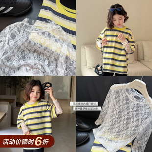 【亲子】柒号童仓女大童气质蕾丝镂空打底衫夏装儿童洋气叠穿上衣