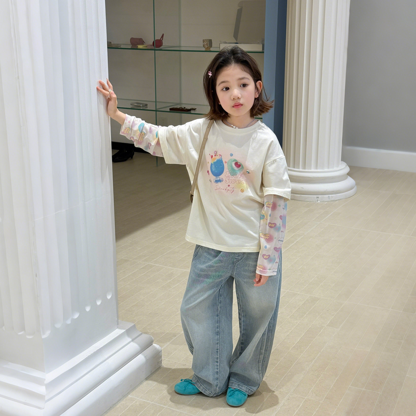 柒号童仓女大童韩版拼接假两件长袖T恤春装新款元气印花防晒上衣