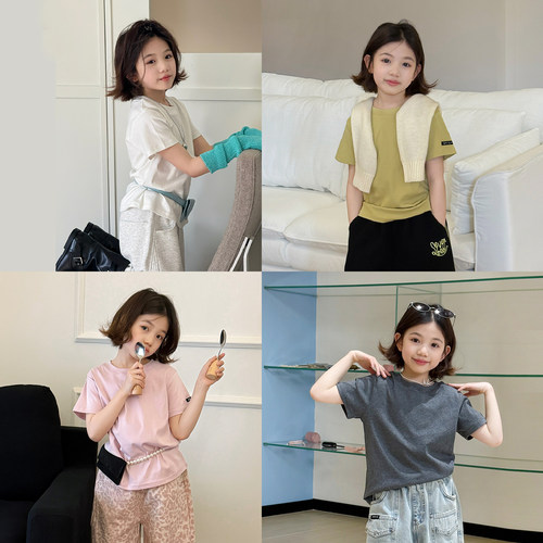 【亲子】柒号童仓女大童韩版简约显瘦短袖T恤儿童夏装纯色上衣潮