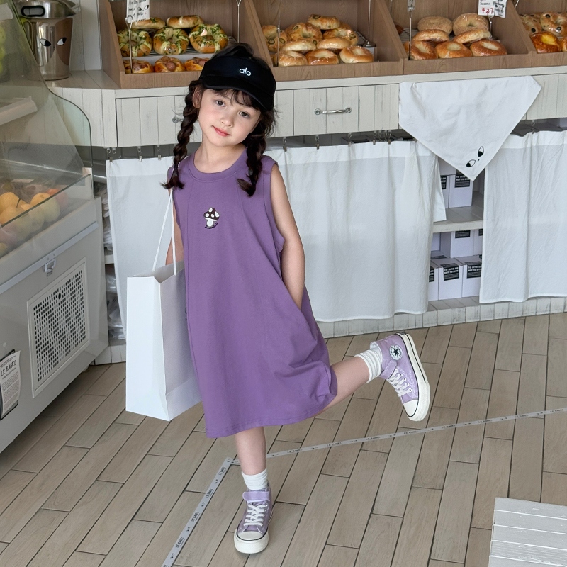柒号童仓女大童韩版洋气背心裙T裙夏装新款女童休闲卡通连衣裙潮