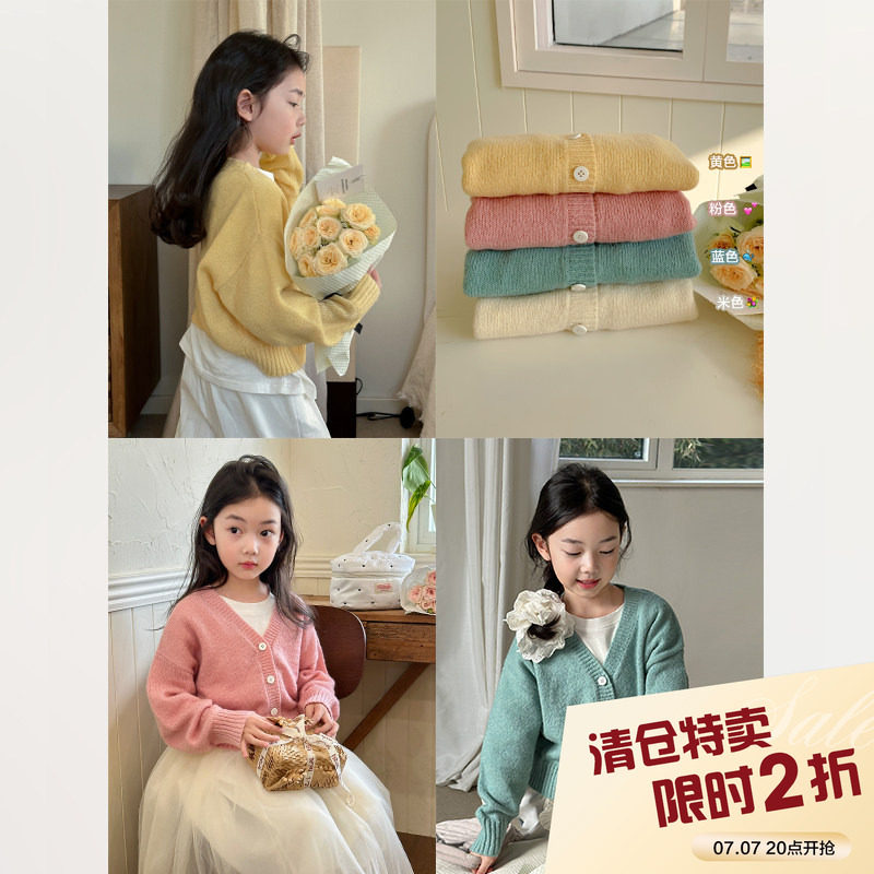 柒号童仓女童韩版洋气V领针织衫外套春装新款儿童休闲毛衣开衫潮图片