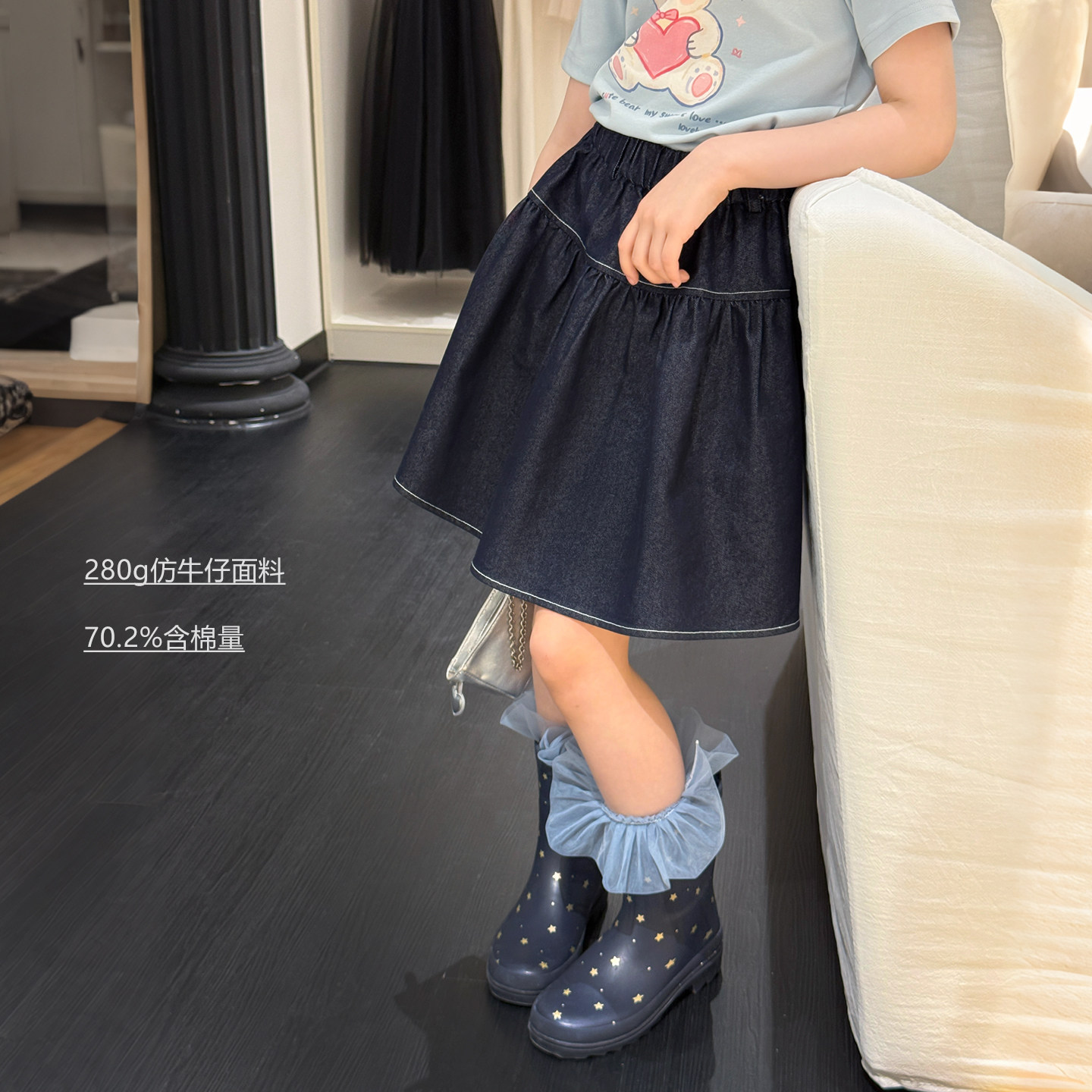 柒号童仓儿童韩版藏蓝半身裙女大童夏装新款休闲短裙牛仔裙伞裙