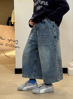 柒号童仓女大童洋气宽松直筒牛仔七分裤春装新款儿童复古百搭短裤