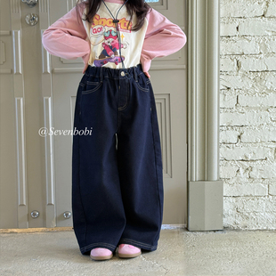 儿童高腰休闲宽松裤 柒号童仓女大童韩版 新款 秋装 子 洋气直筒牛仔裤