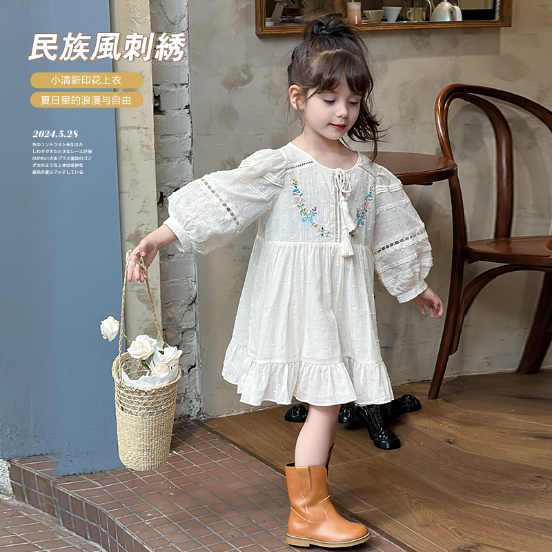 柒号童仓女童复古泡泡袖连衣裙夏装新款简约刺绣民族风公主裙潮