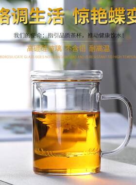 防爆加厚高硼硅玻璃水杯家用泡茶杯带盖带把过滤杯子可明火电陶炉