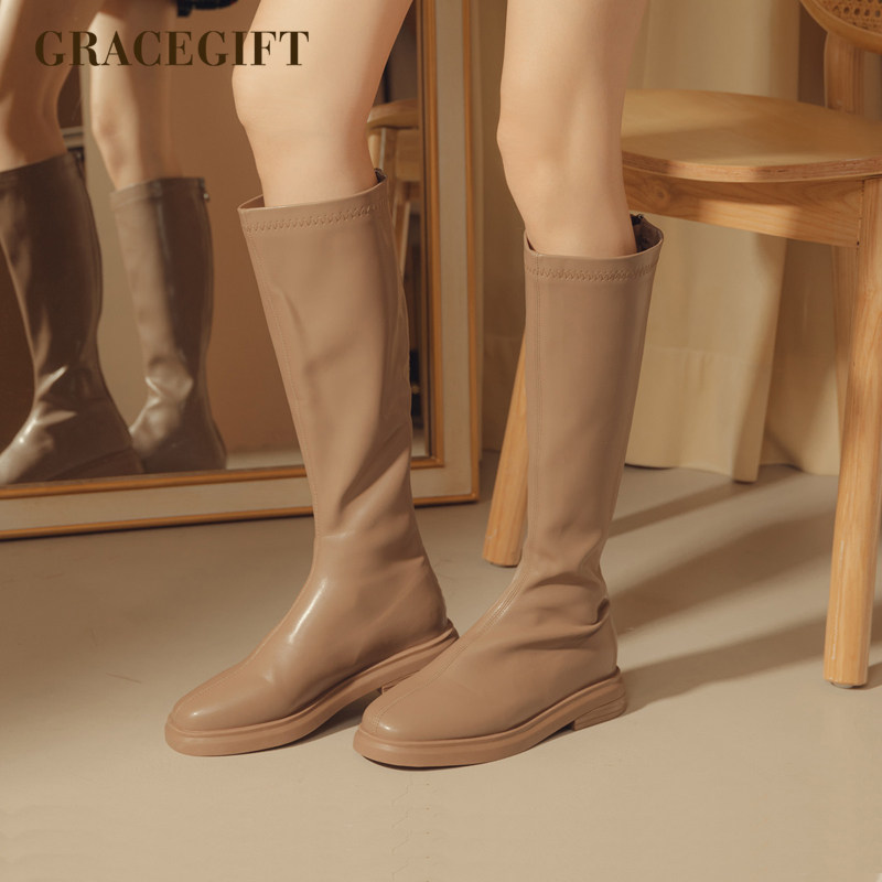 grace gift新款不过膝长筒靴女时尚底跟机车靴女英伦风复古骑士靴