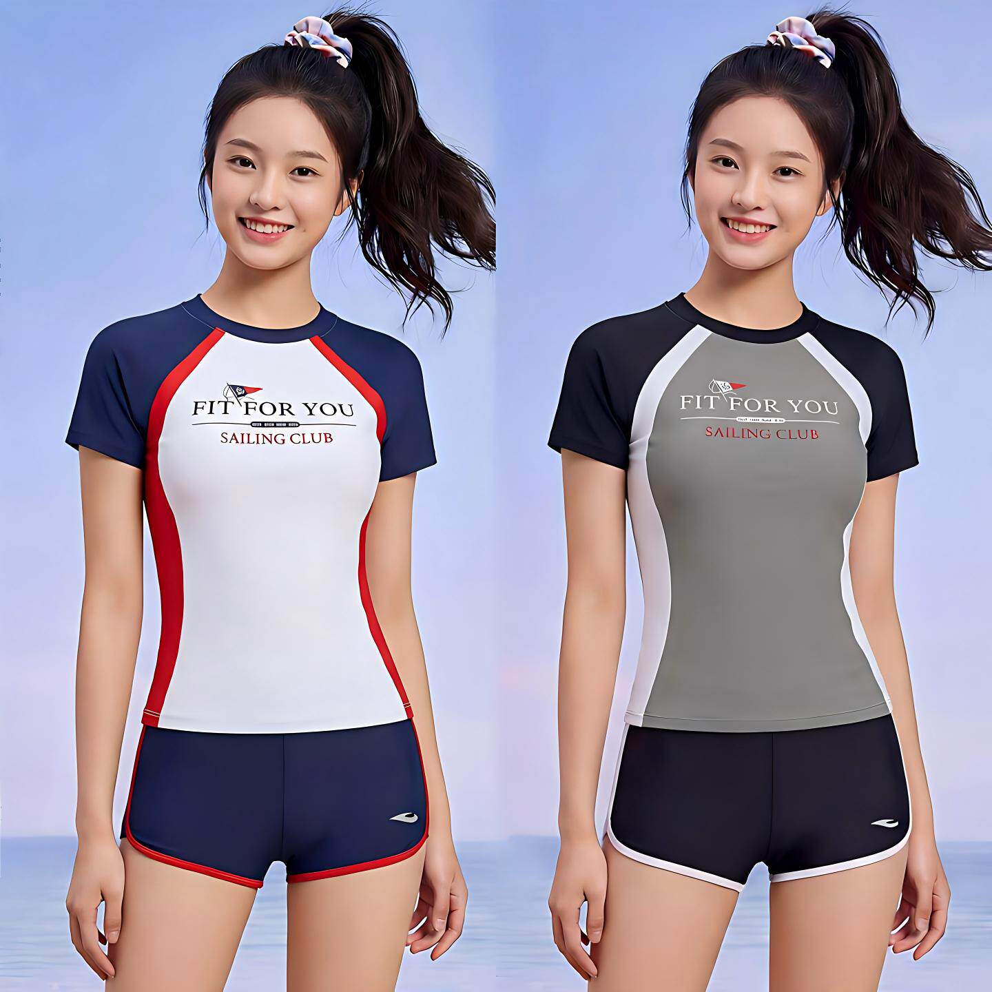 浩沙泳衣女新款时尚显瘦短袖成人女孩保守分体平角泳装泡温泉度假