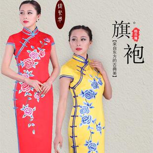 长款优雅复古改良走秀高端旗袍妈妈演出年会酒会晚礼服真丝绣花