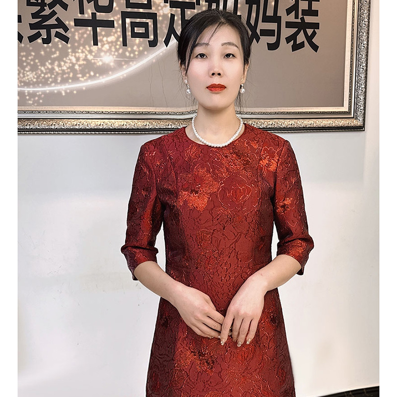 提花织锦七分袖中长款A摆连衣裙喜婆婆婚礼宴会酒会酒红旗袍礼服