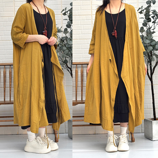禅意风纯棉斜门襟开衫刺绣女宽松长款外搭文艺复古防晒衣茶服外套