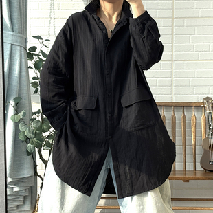 黑色中性风穿搭长袖中长款衬衫女士春夏新款宽松休闲显瘦大码衬衣