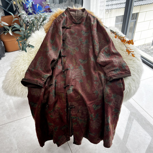 原创中古国风纯亚麻斜襟盘扣中式文艺复古长袍子春季宽松连衣裙女