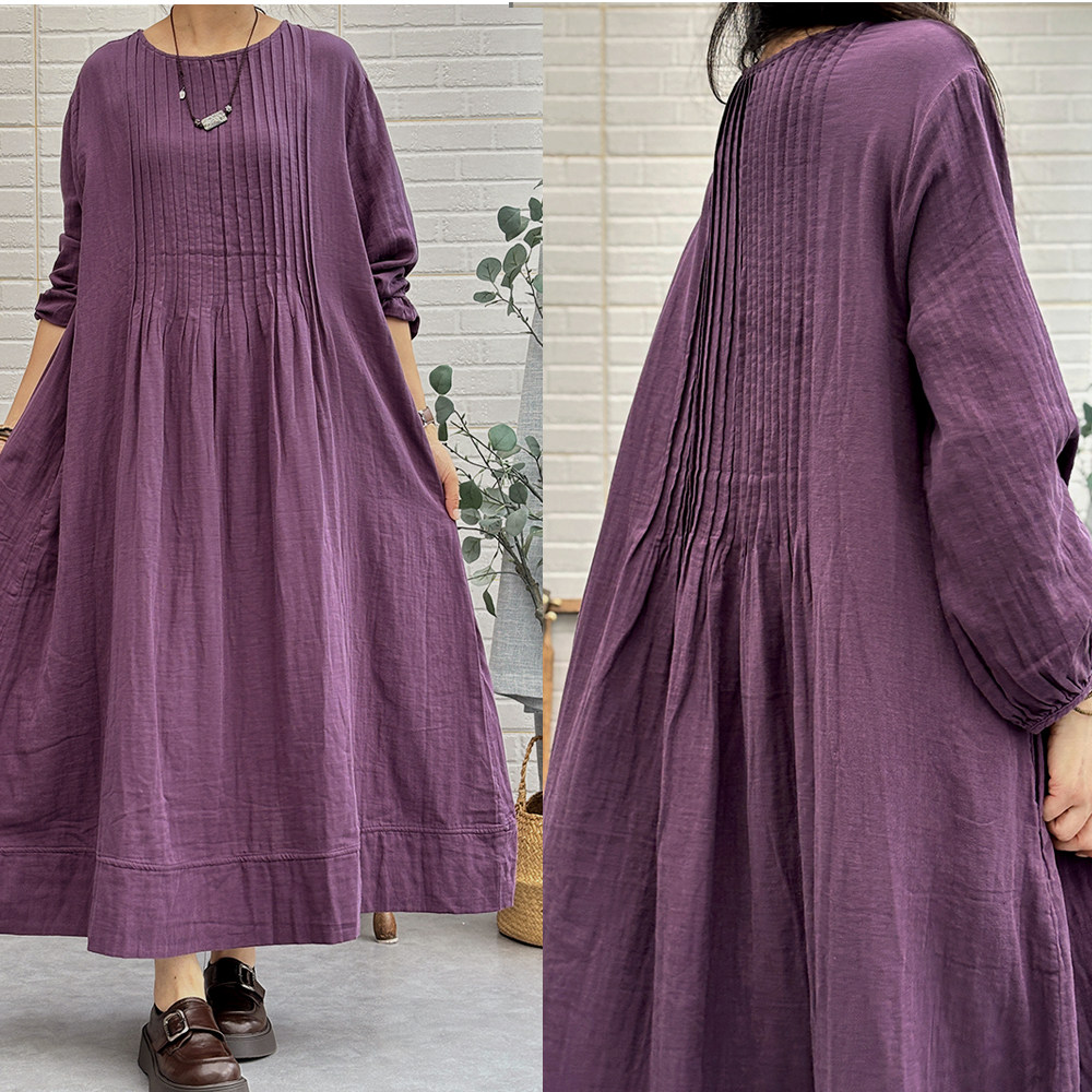 春秋款原创森系女装纯棉文艺复古手工风琴褶长袖宽松连衣裙袍子