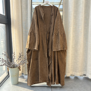 2026高端复古文艺风亚麻风衣女长款宽松显瘦盘扣开衫外套百搭袍子