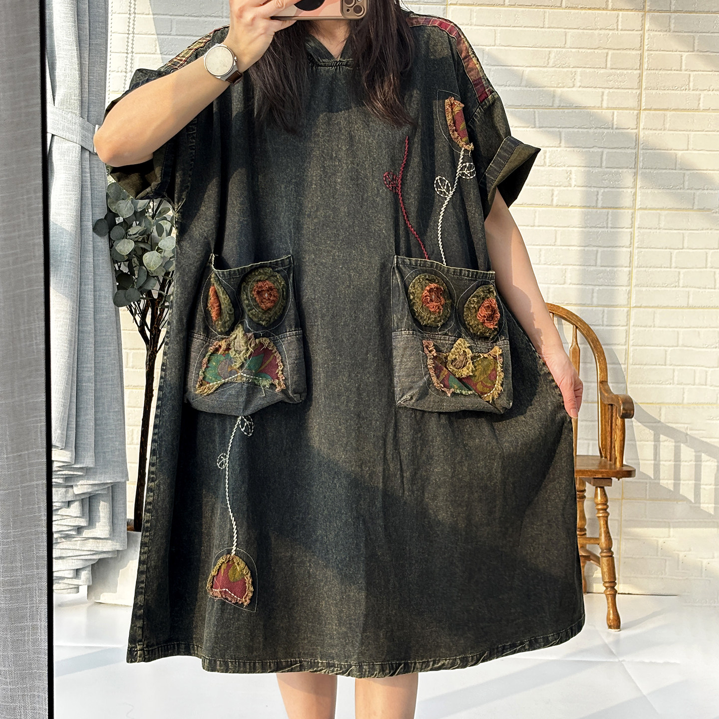 旅行民族风文艺复古连帽刺绣短袖牛仔连衣裙女贴布大口袋宽松休闲