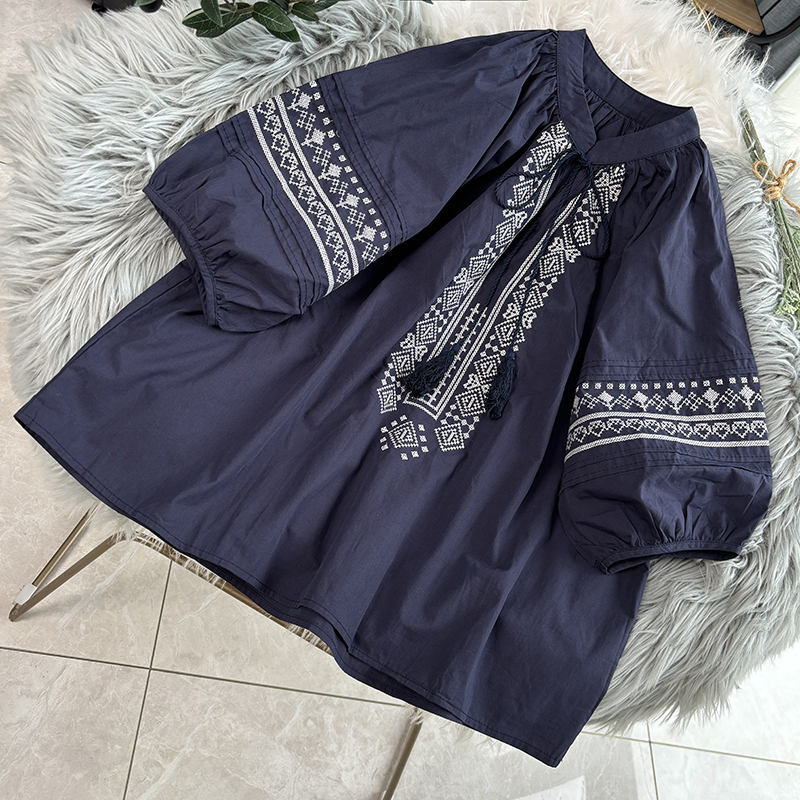纯棉日系文艺复古民族风刺绣灯笼袖宽松显瘦大码娃娃衫女上衣衬衫