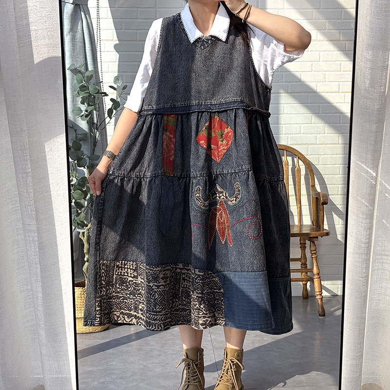 民族风秋冬新款文艺复古休闲中长款无袖牛仔连衣裙女宽松显瘦裙子
