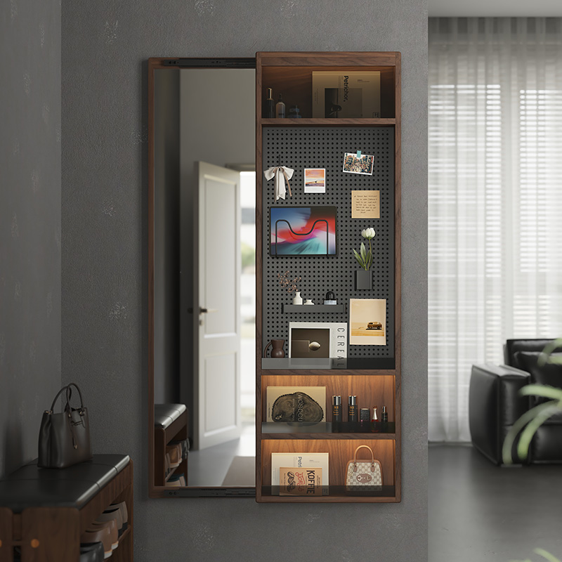 实木洞洞板穿衣镜一体家用隐藏推拉换衣镜黑胡桃木壁挂玄关全身镜