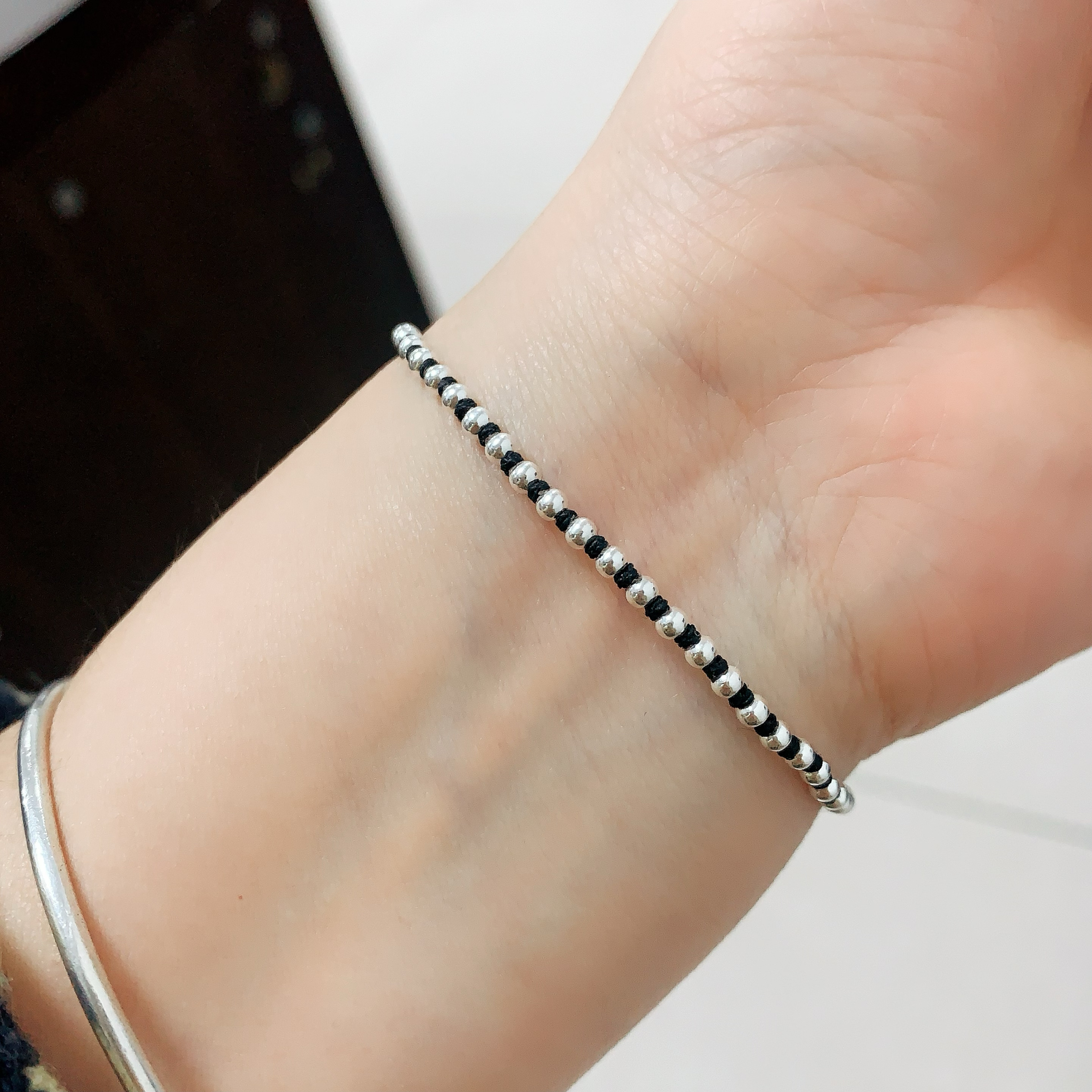 设计款S999纯银足银3mm银珠编织蜡绳手链情侣黑红绳纯手工编制